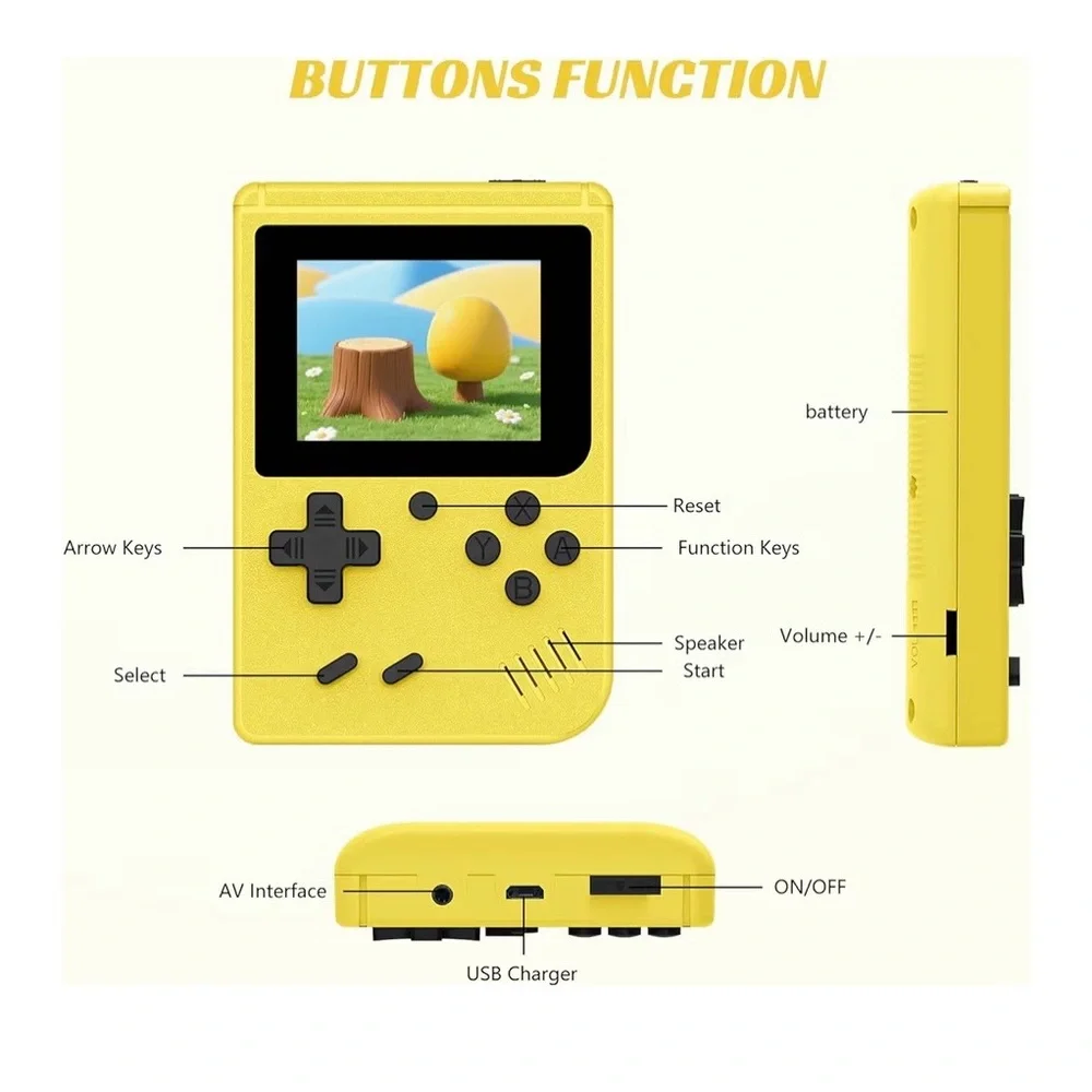 Portable handheld game console with 400+ retro games – yellow